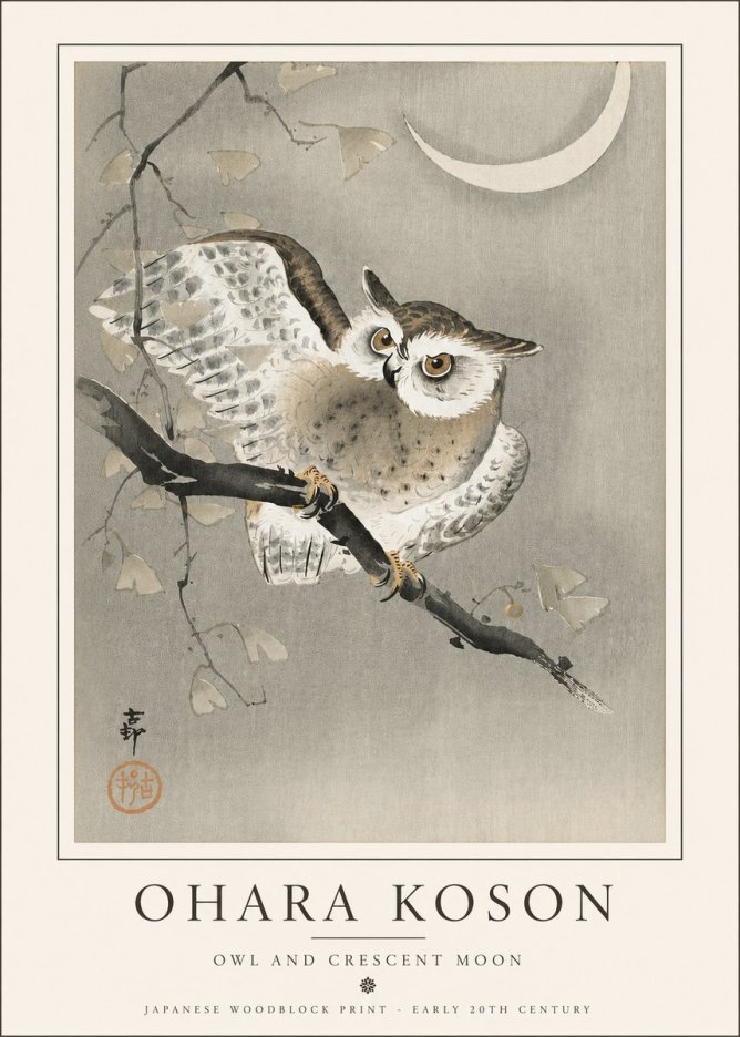 Ohara Koson Owl and Crescent Moon No5 - Póster