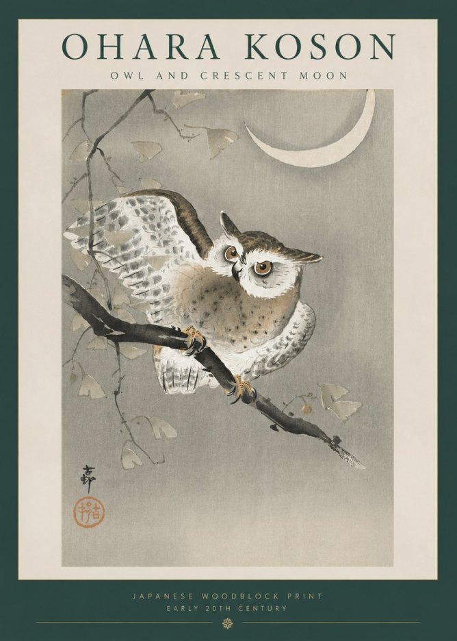 Ohara Koson Owl and Crescent Moon No6 - Póster