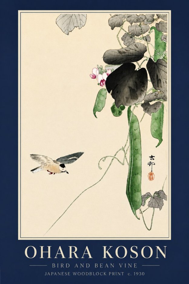 Ohara Koson Bird and Bean Vine No3 - Póster