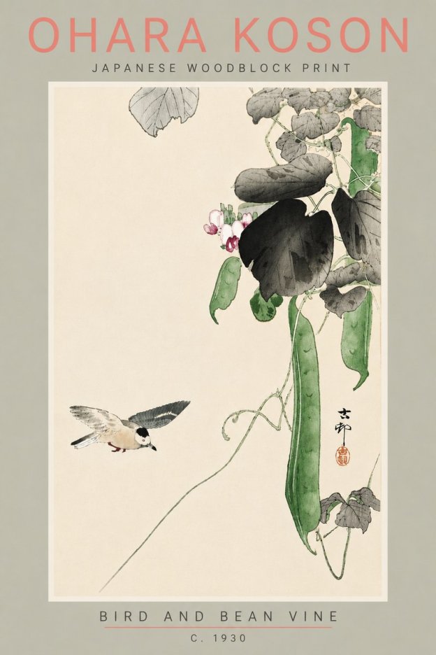 Ohara Koson Bird and Bean Vine No5 - Póster