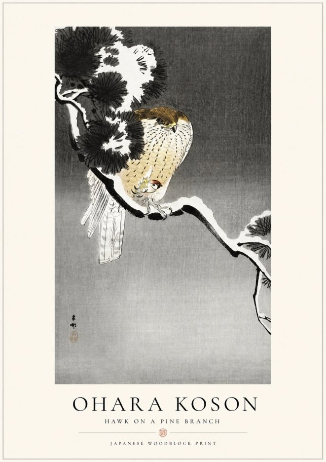 Ohara Koson Hawk on a Pine Branch No1 - Póster