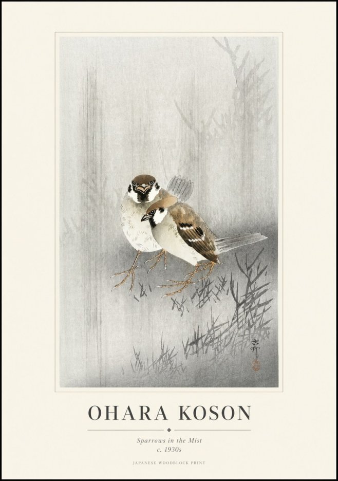 Ohara Koson Sparrows in the Mist No1 - Póster