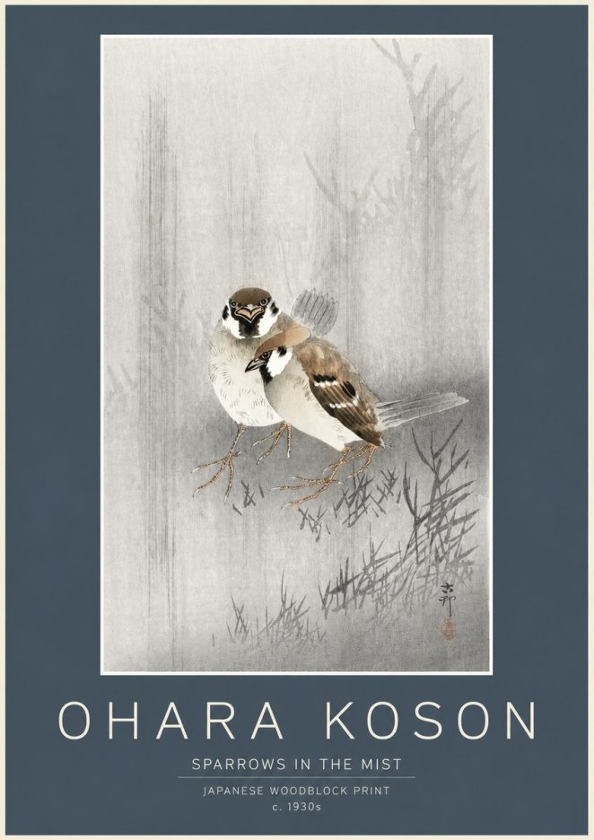 Ohara Koson Sparrows in the Mist No2 - Póster