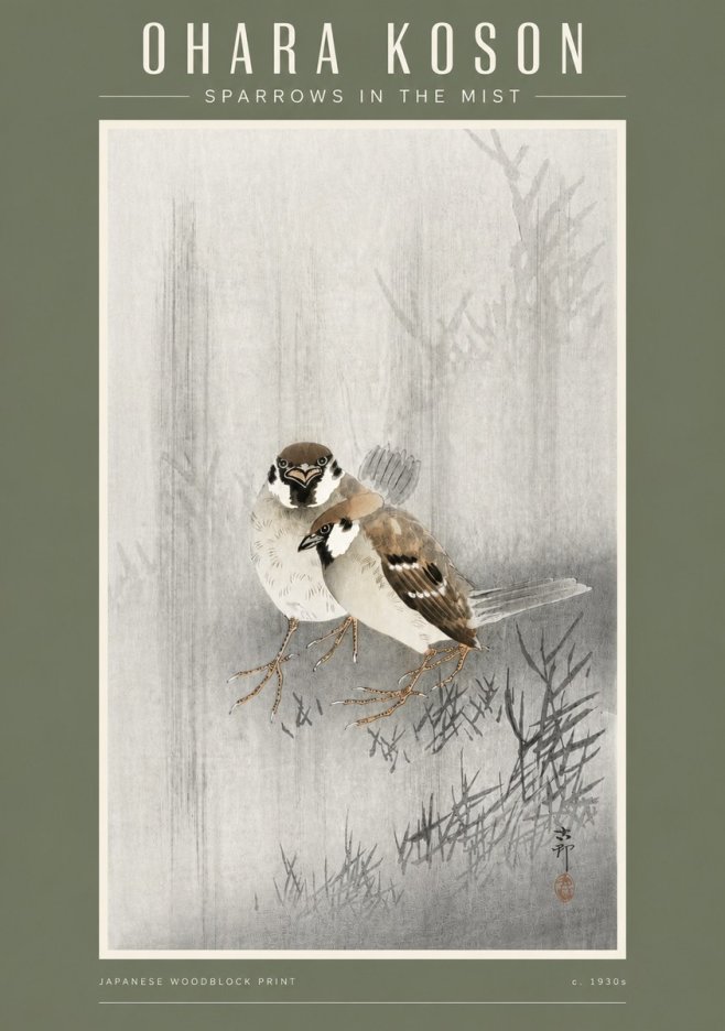 Ohara Koson Sparrows in the Mist No4 - Póster