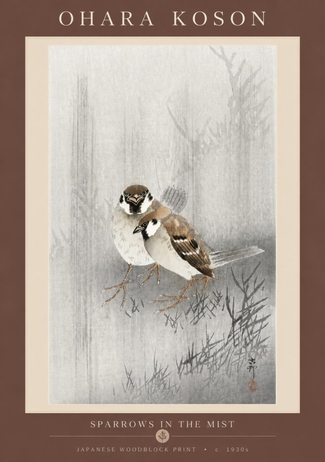 Ohara Koson Sparrows in the Mist No5 - Póster