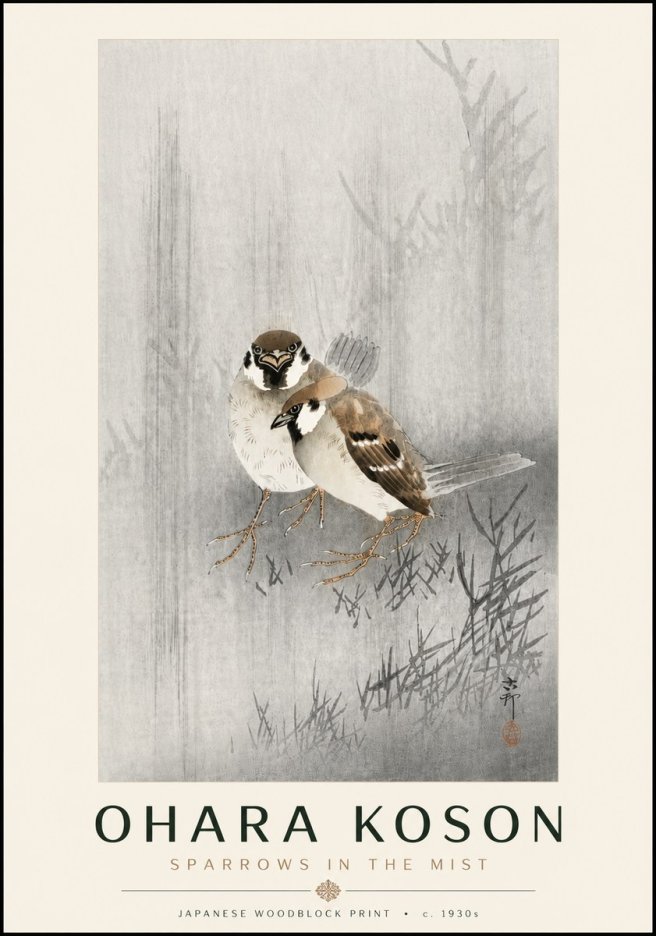 Ohara Koson Sparrows in the Mist No6 - Póster