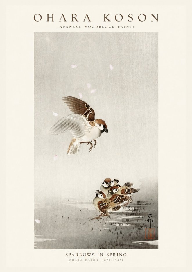 Ohara Koson Sparrows in Spring No1 - Póster
