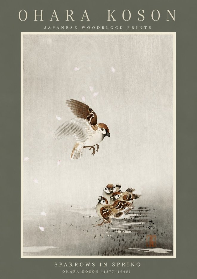 Ohara Koson Sparrows in Spring No4 - Póster