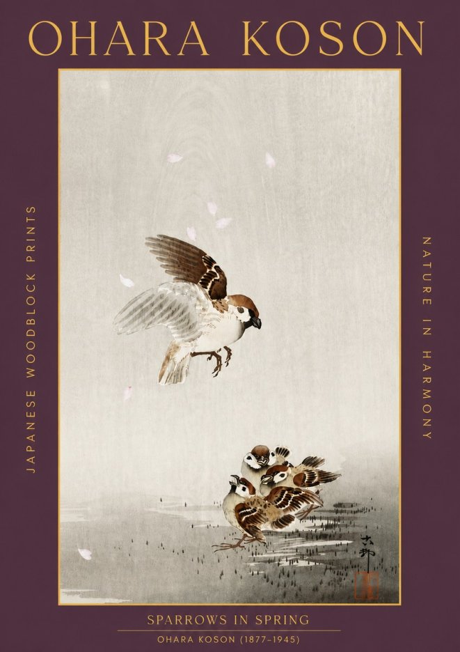 Ohara Koson Sparrows in Spring No5 - Póster