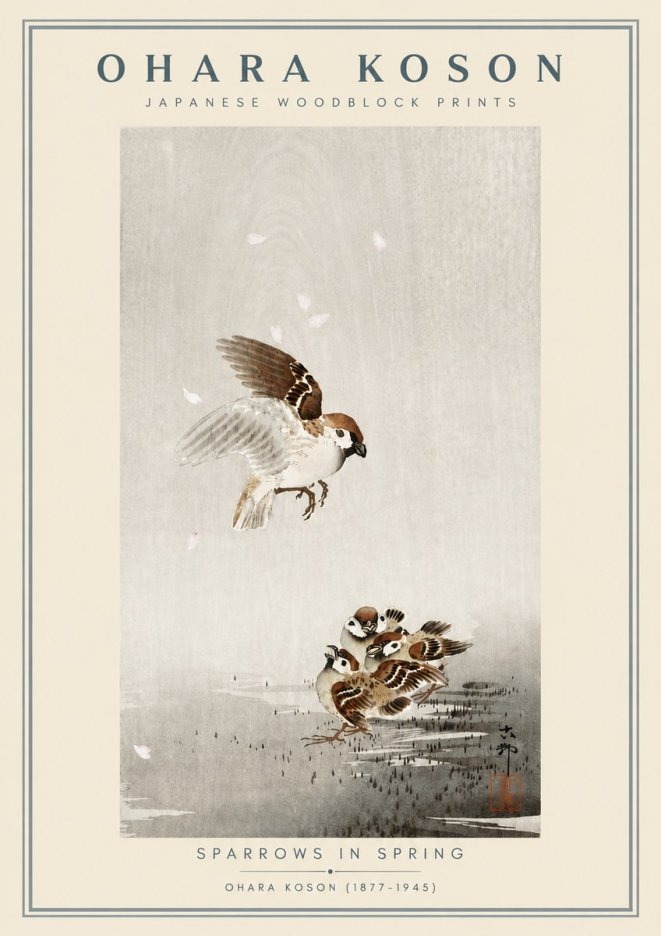 Ohara Koson Sparrows in Spring No6 - Póster