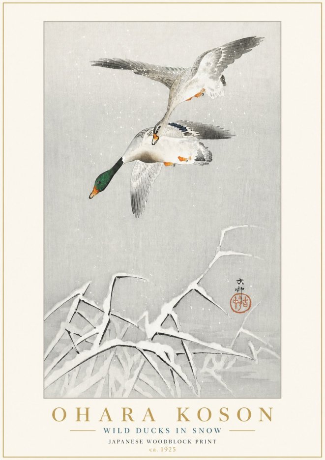 Ohara Koson Wild Ducks in Snow No3 - Póster
