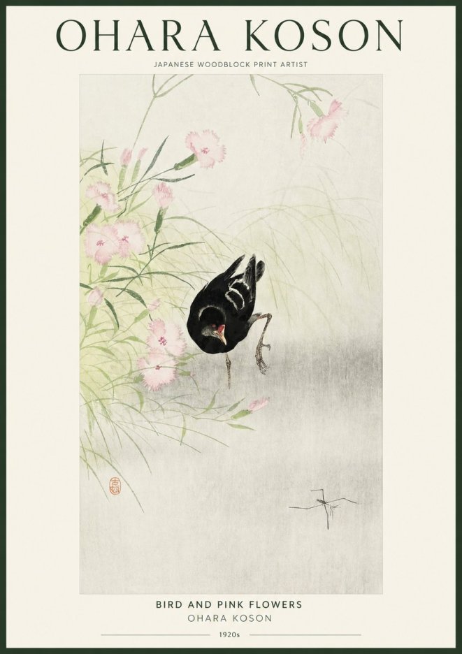 Ohara Koson Bird and Pink Flowers No1 - Póster