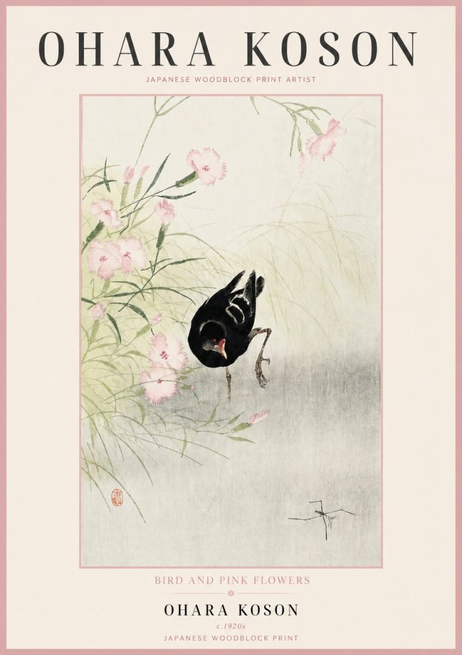 Ohara Koson Bird and Pink Flowers No2 - Póster