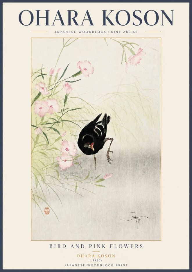 Ohara Koson Bird and Pink Flowers No3 - Póster