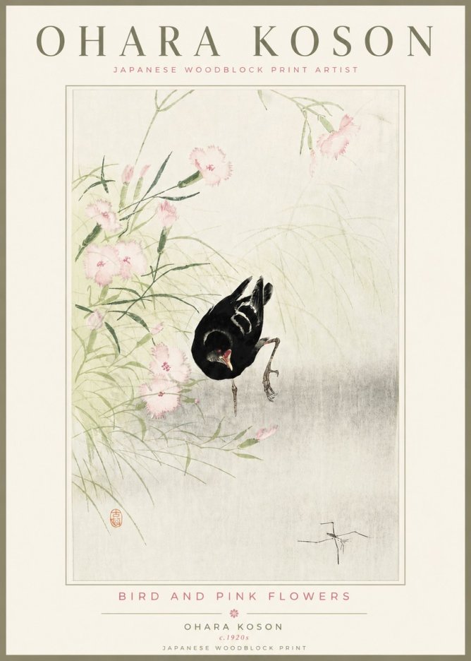 Ohara Koson Bird and Pink Flowers No4 - Póster