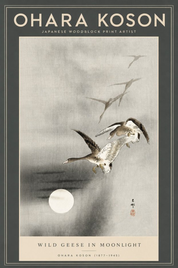 Ohara Koson Wild Geese in Moonlight II No2 - Póster