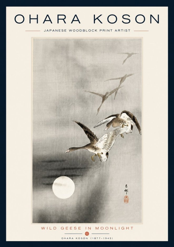 Ohara Koson Wild Geese in Moonlight II No5 - Póster