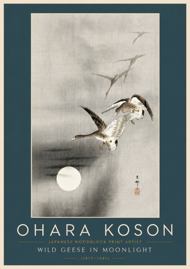 Ohara Koson Wild Geese in Moonlight II No6 - Póster