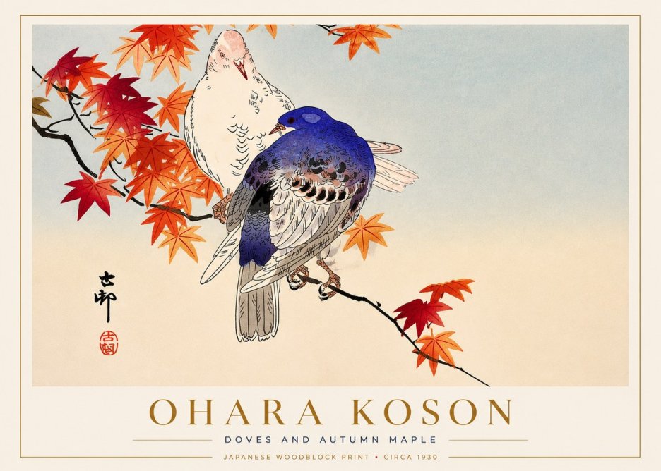Ohara Koson Doves and Autumn Maple No3 - Póster
