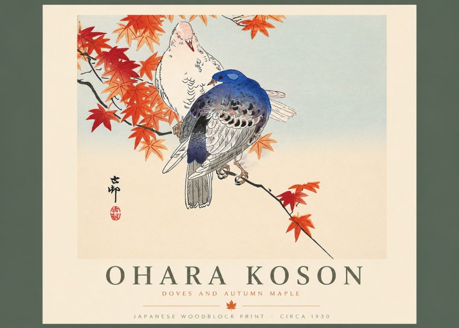 Ohara Koson Doves and Autumn Maple No4 - Póster