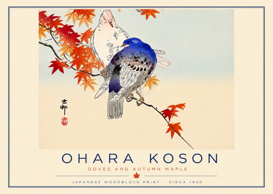 Ohara Koson Doves and Autumn Maple No6 - Póster