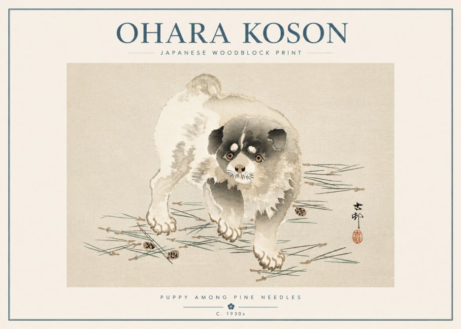 Ohara Koson Puppy Among Pine Needles No5 - Póster