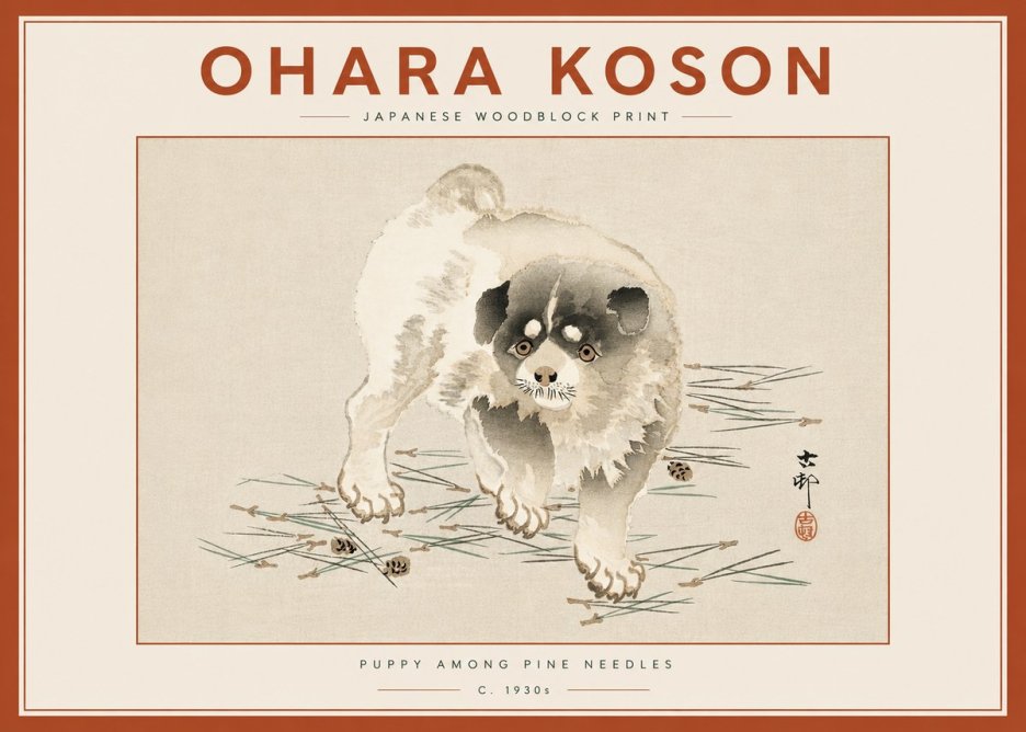 Ohara Koson Puppy Among Pine Needles No6 - Póster