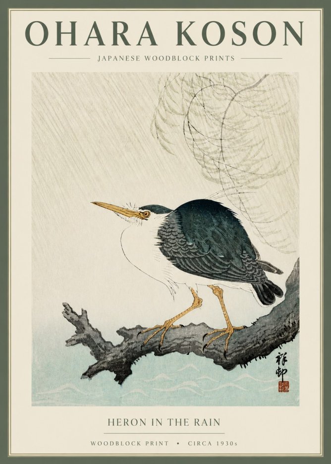 Ohara Koson Heron in the Rain No2 - Póster