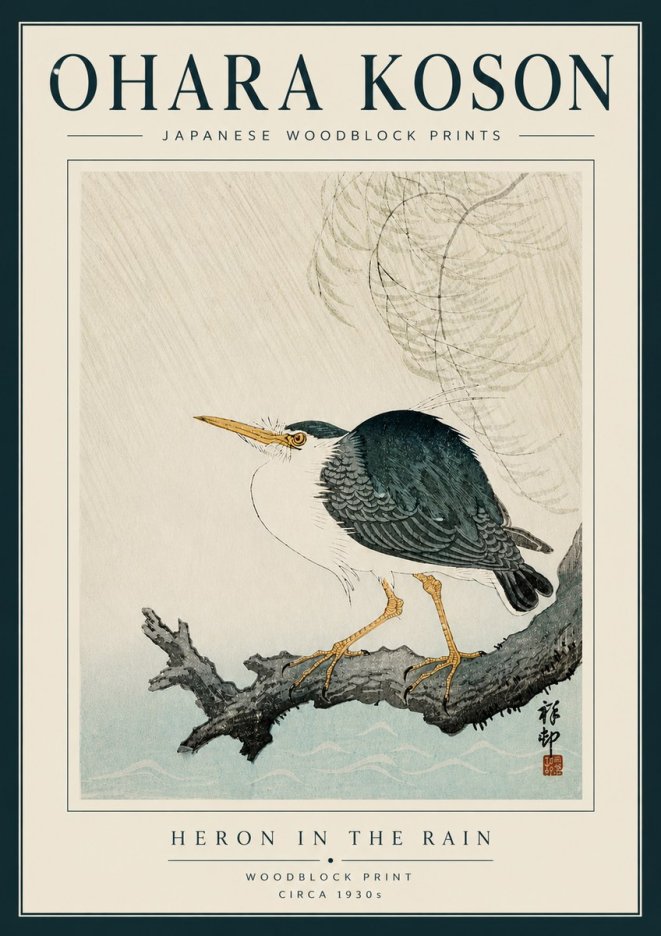 Ohara Koson Heron in the Rain No5 - Póster