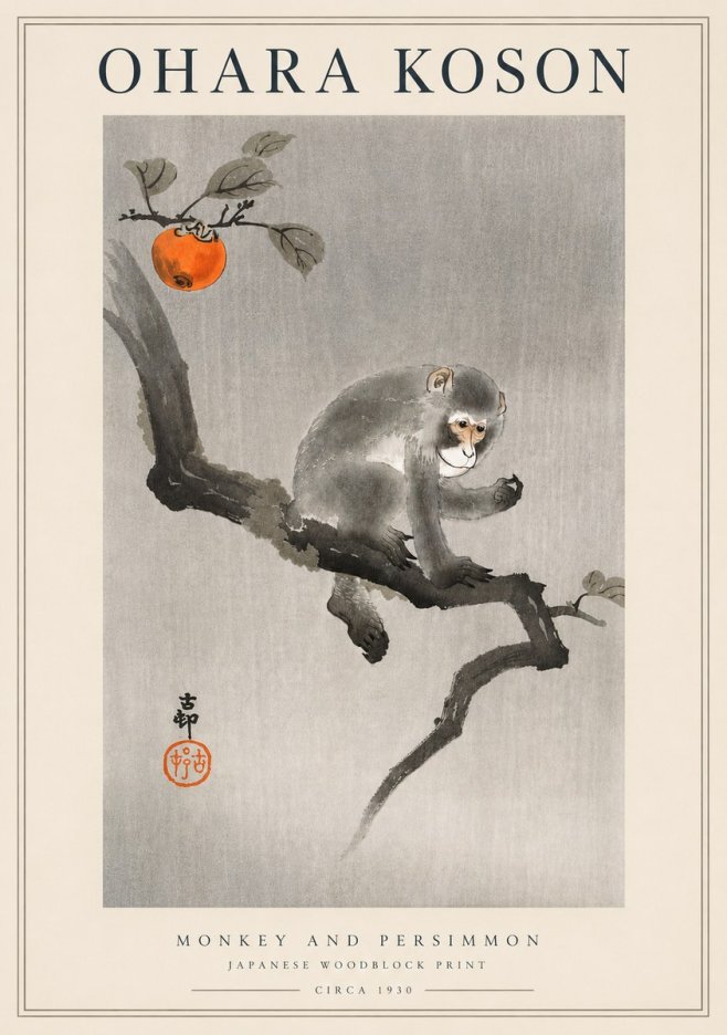 Ohara Koson Monkey and Persimmon No3 - Póster
