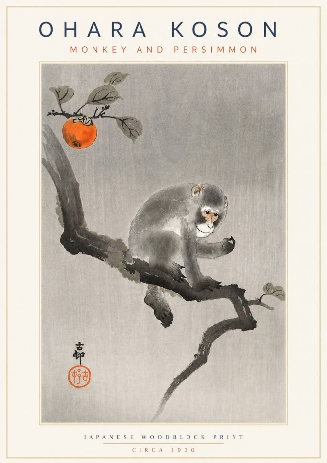 Ohara Koson Monkey and Persimmon No4 - Póster