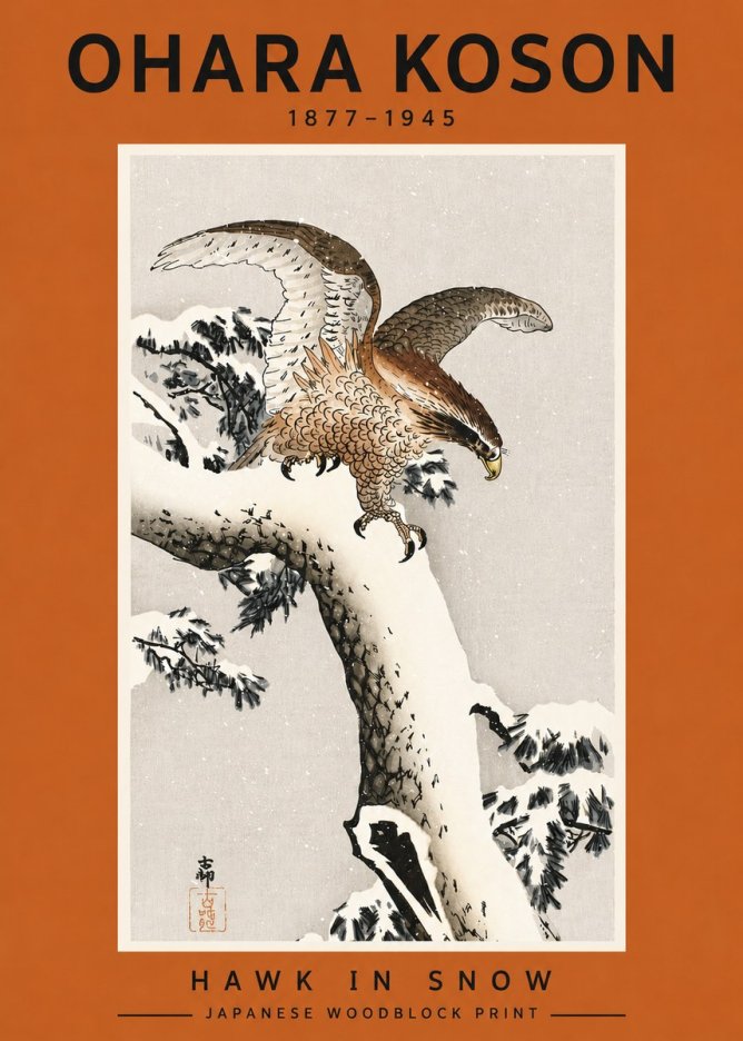 Ohara Koson Hawk in Snow No4 - Póster