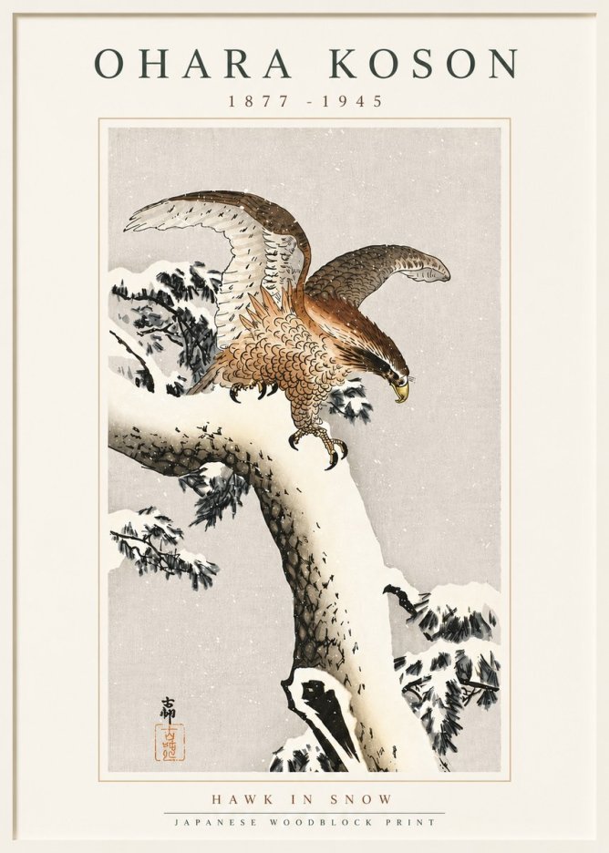 Ohara Koson Hawk in Snow No5 - Póster