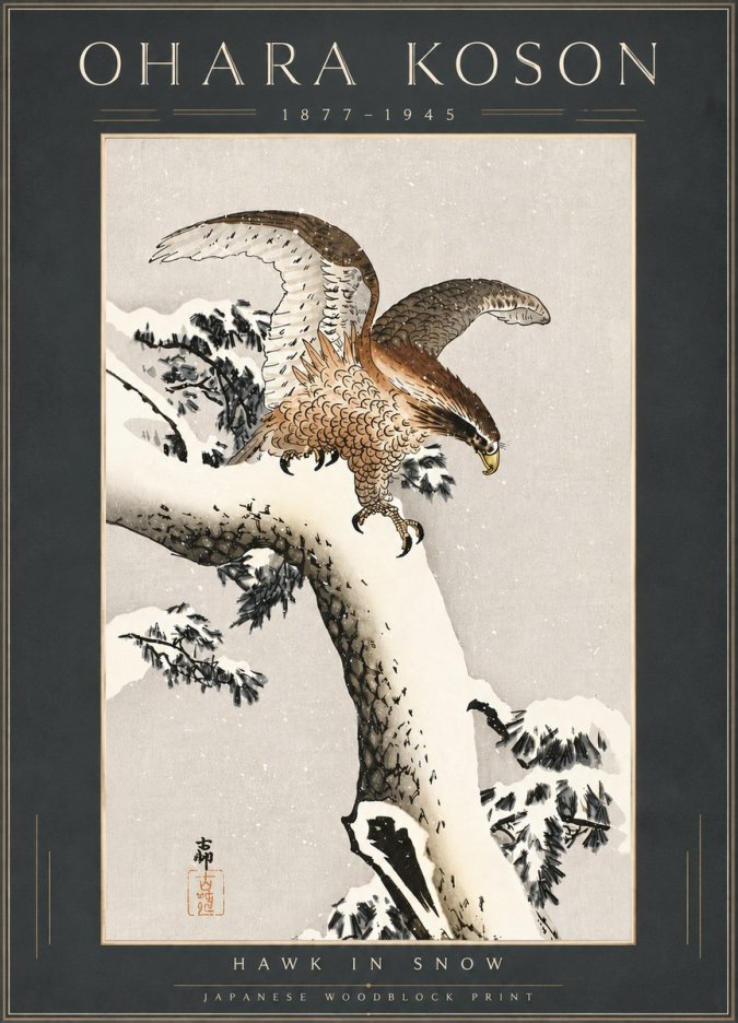Ohara Koson Hawk in Snow No6 - Póster