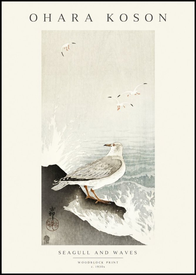 Ohara Koson Seagull and Waves No1 - Póster