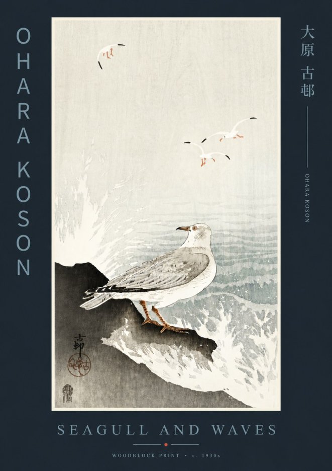 Ohara Koson Seagull and Waves No4 - Póster