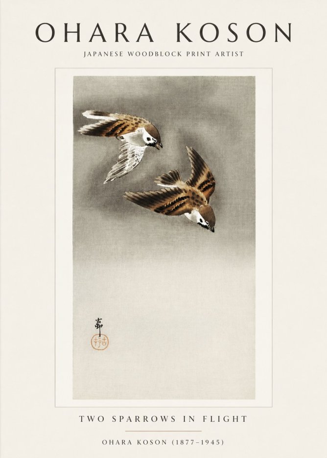 Ohara Koson Two Sparrows in Flight No1 - Póster