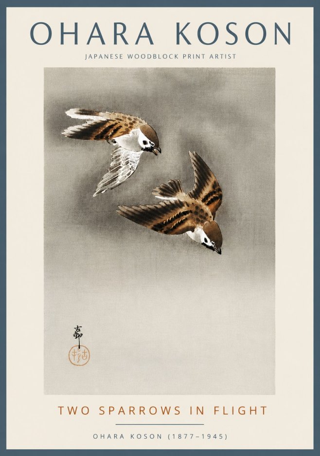 Ohara Koson Two Sparrows in Flight No5 - Póster
