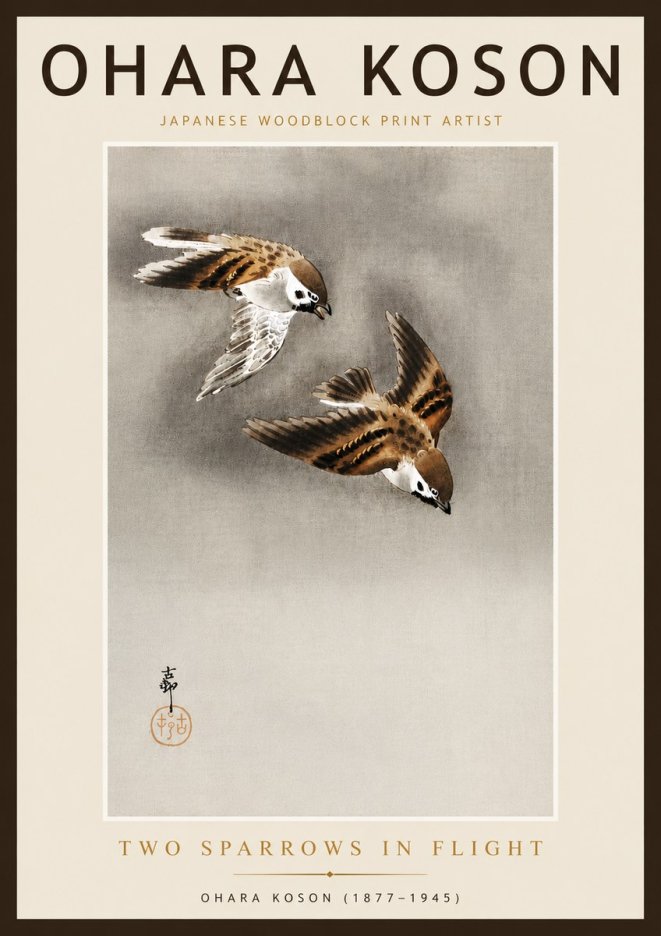 Ohara Koson Two Sparrows in Flight No6 - Póster