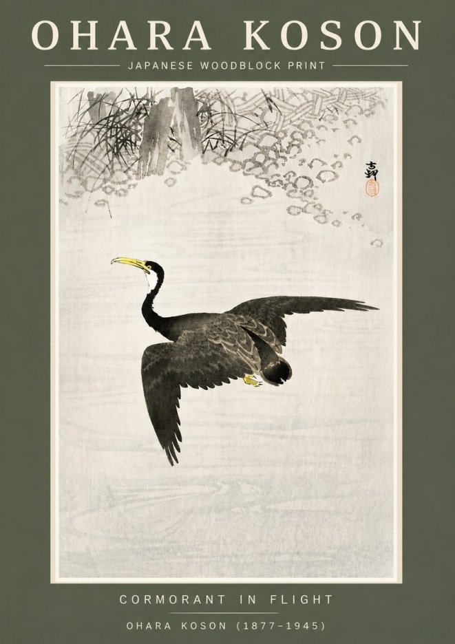 Ohara Koson Cormorant in Flight No4 - Póster