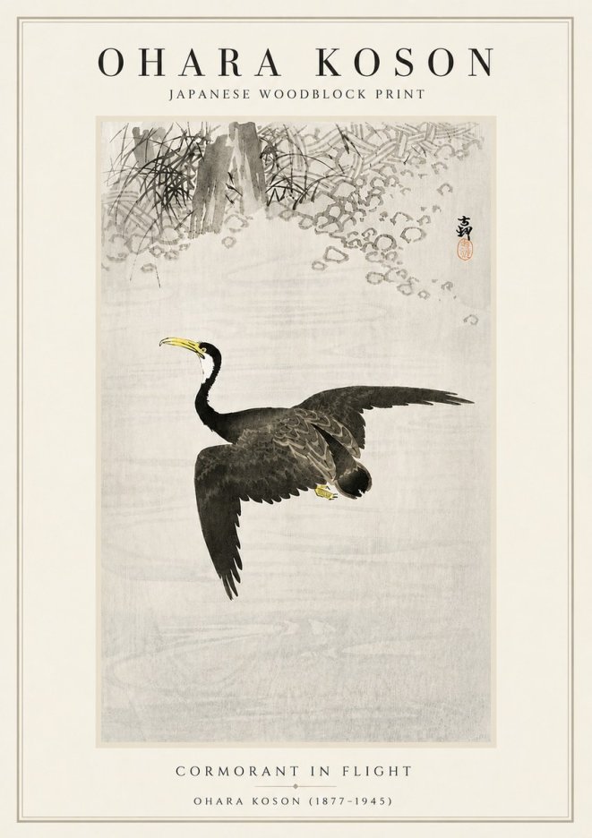 Ohara Koson Cormorant in Flight No5 - Póster