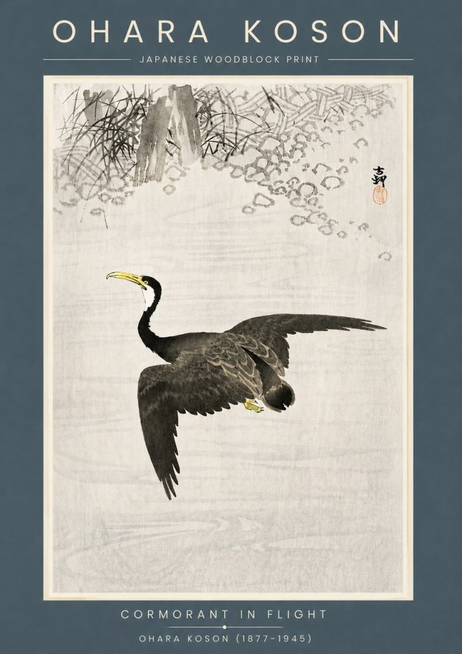 Ohara Koson Cormorant in Flight No6 - Póster