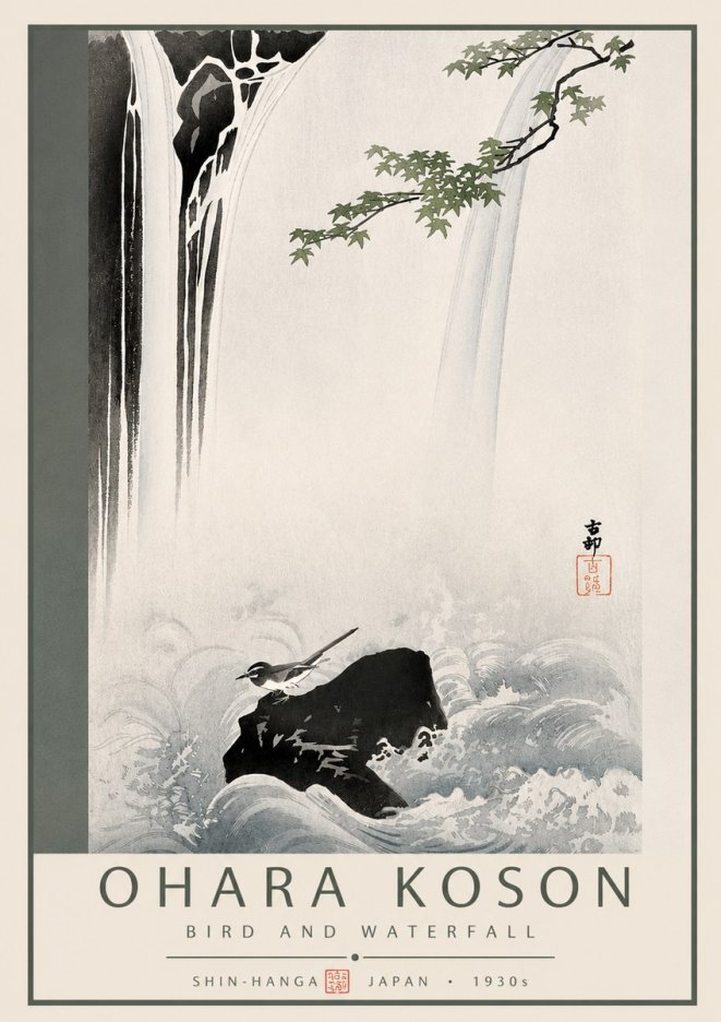 Ohara Koson Bird and Waterfall No3 - Póster