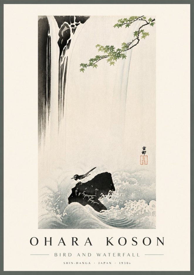 Ohara Koson Bird and Waterfall No4 - Póster