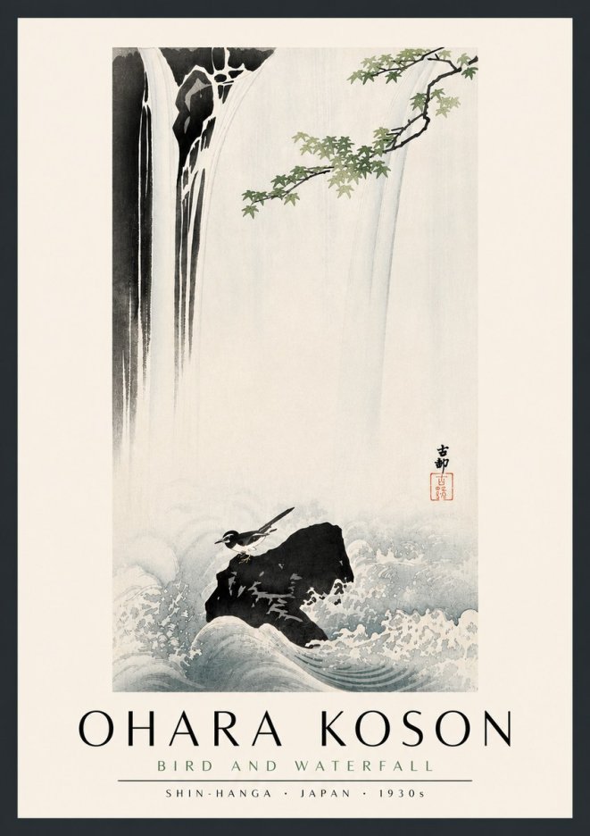 Ohara Koson Bird and Waterfall No5 - Póster