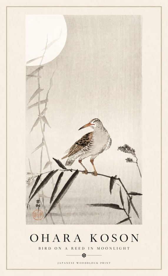 Ohara Koson Bird on a Reed in Moonlight No1 - Póster