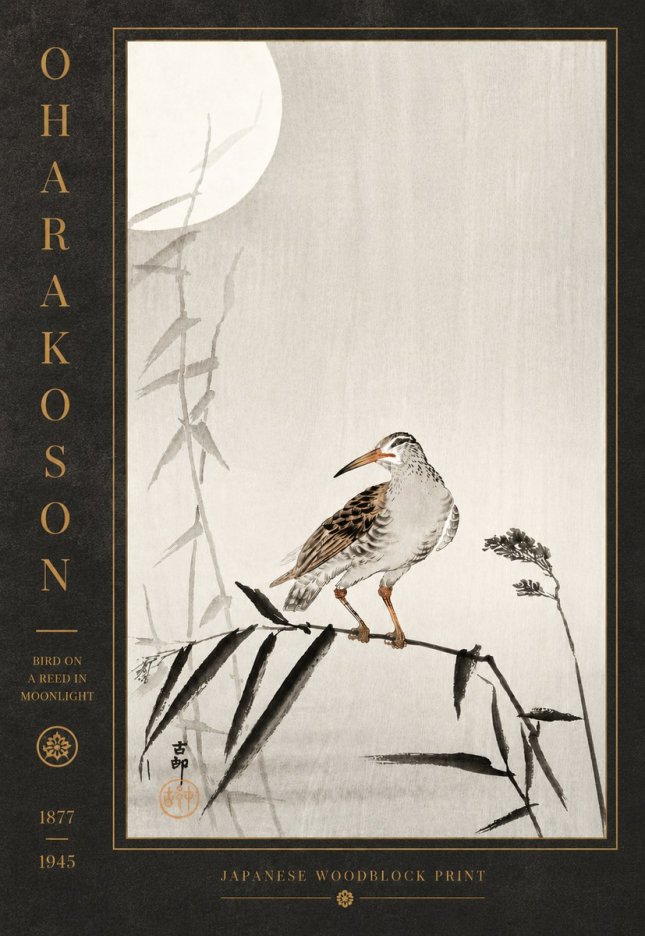 Ohara Koson Bird on a Reed in Moonlight No5 - Póster