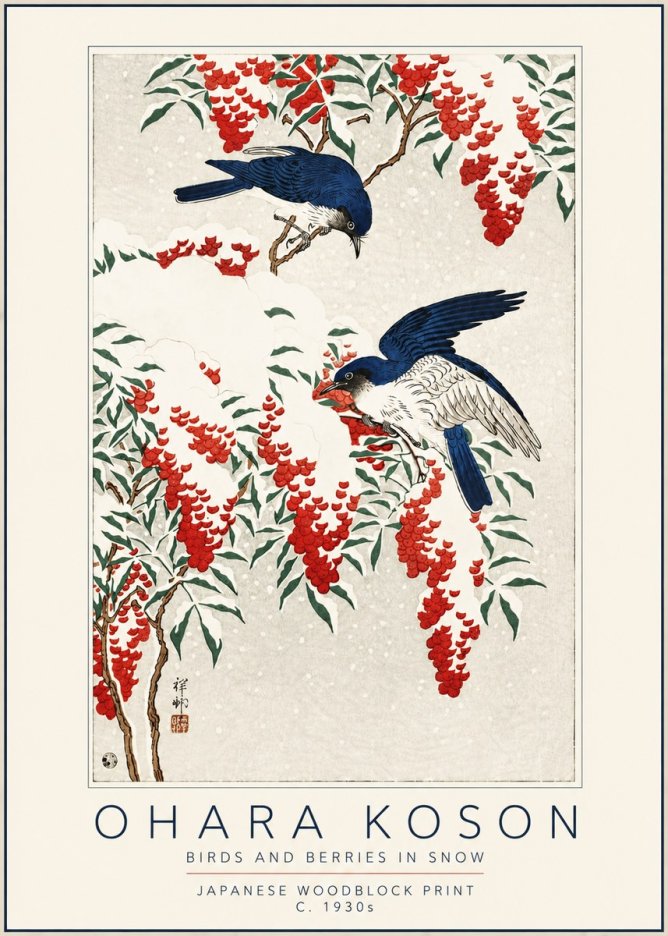 Ohara Koson Birds and Berries in Snow No5 - Póster
