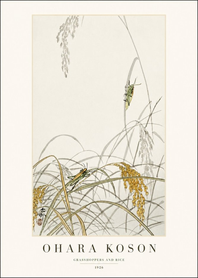 Ohara Koson Grasshoppers and Rice No1 - Póster