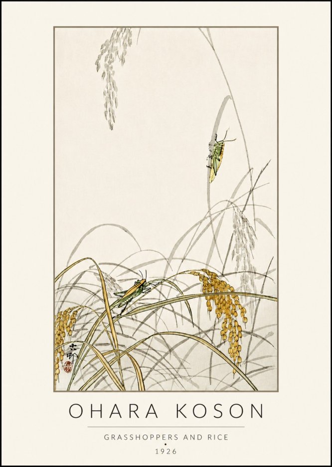 Ohara Koson Grasshoppers and Rice No4 - Póster